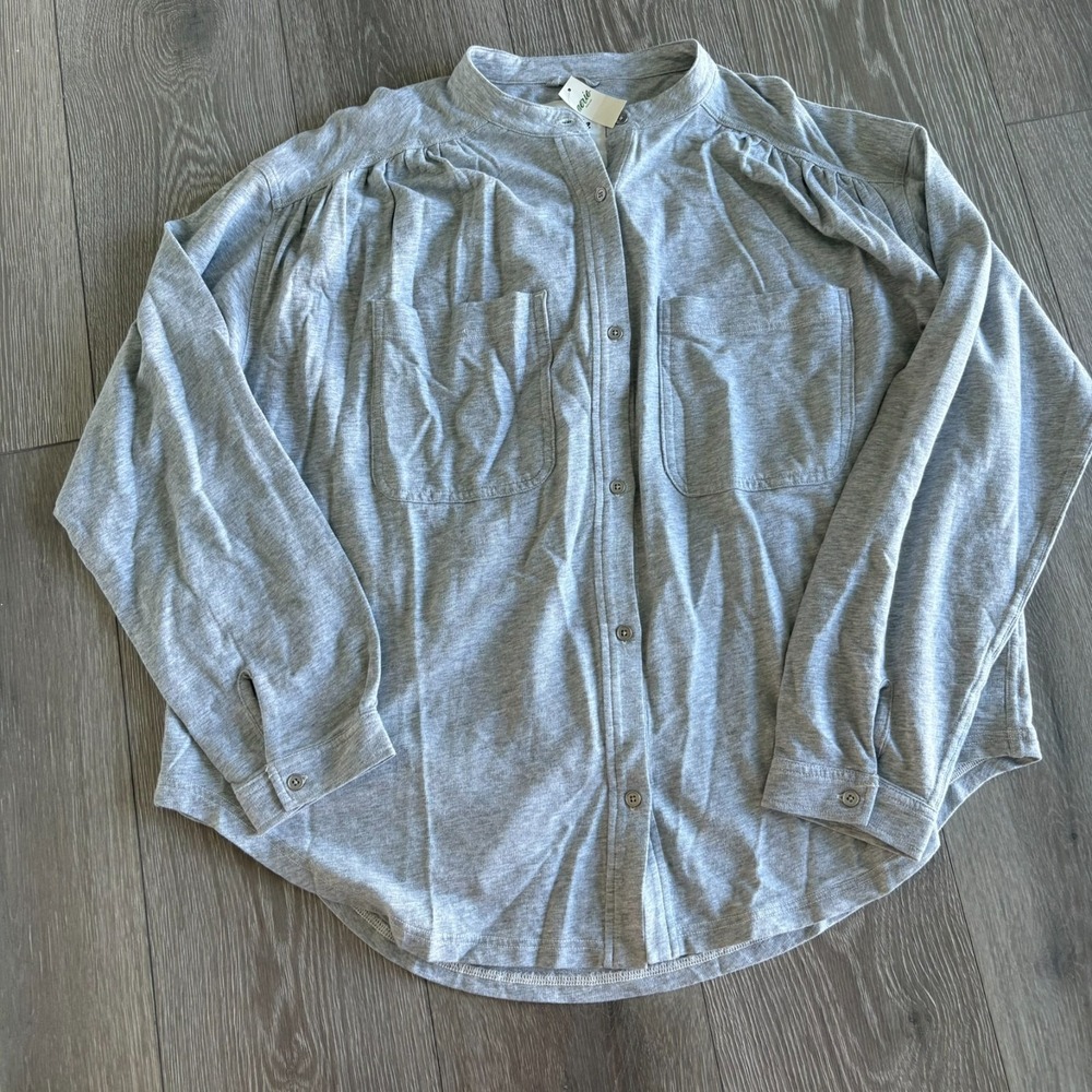 NWT Aerie Womens Gray Long Sleeve Band Collar Button Down Shirt Top Size XS
